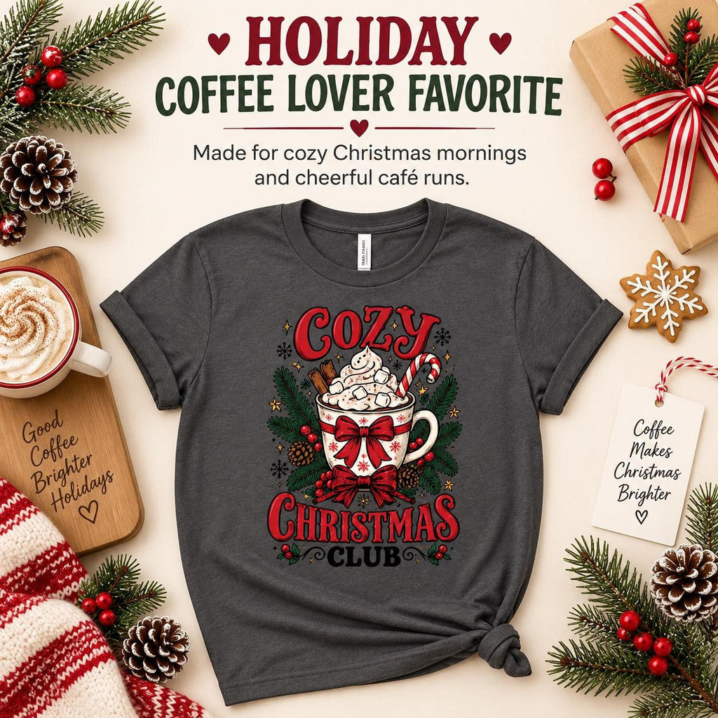 Cozy Christmas Club Mug Tee, Festive Holiday Graphic Shirt, Winter Gift