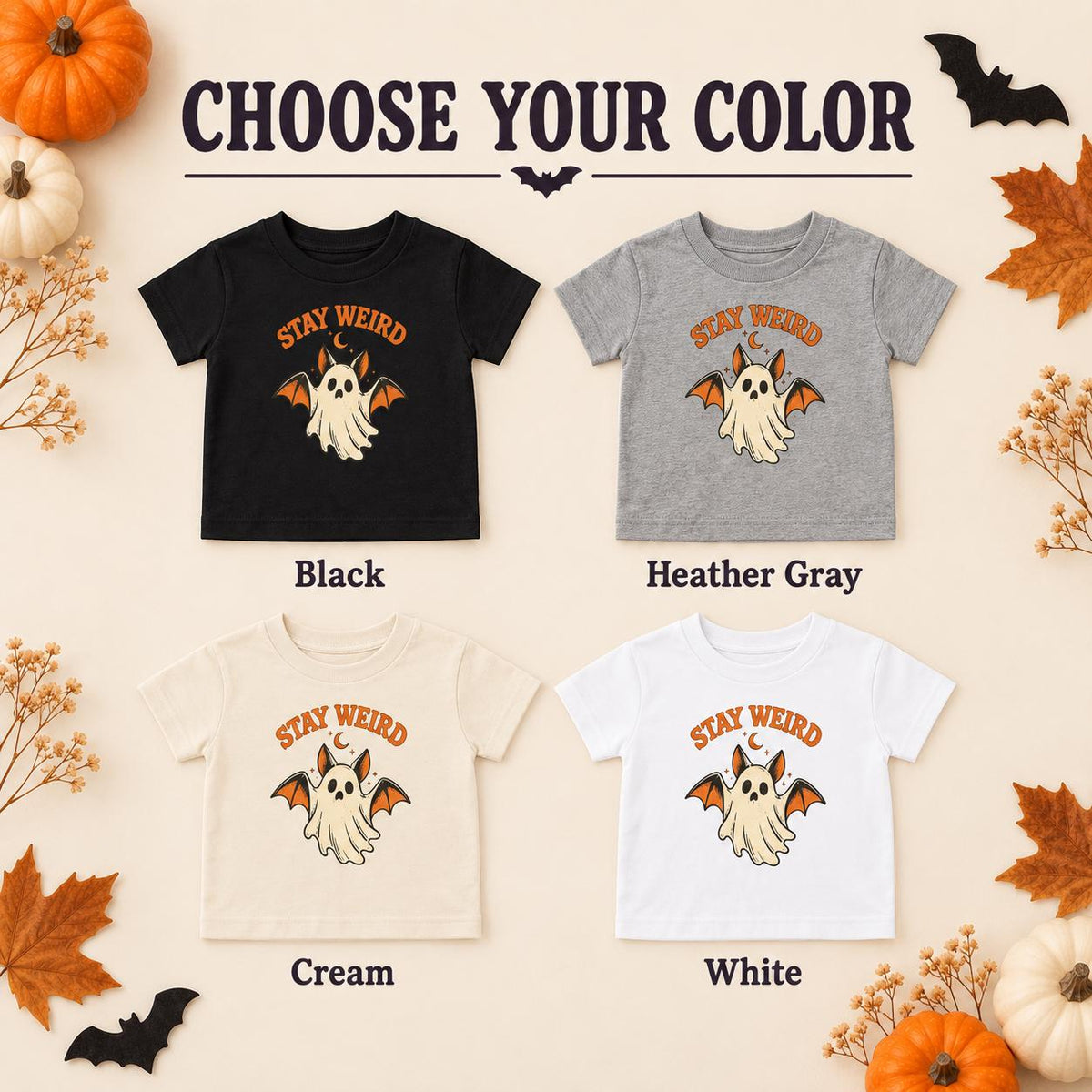 Stay Weird Toddler Halloween Shirt, Ghost and Bat Graphic Tee (2T-5T)
