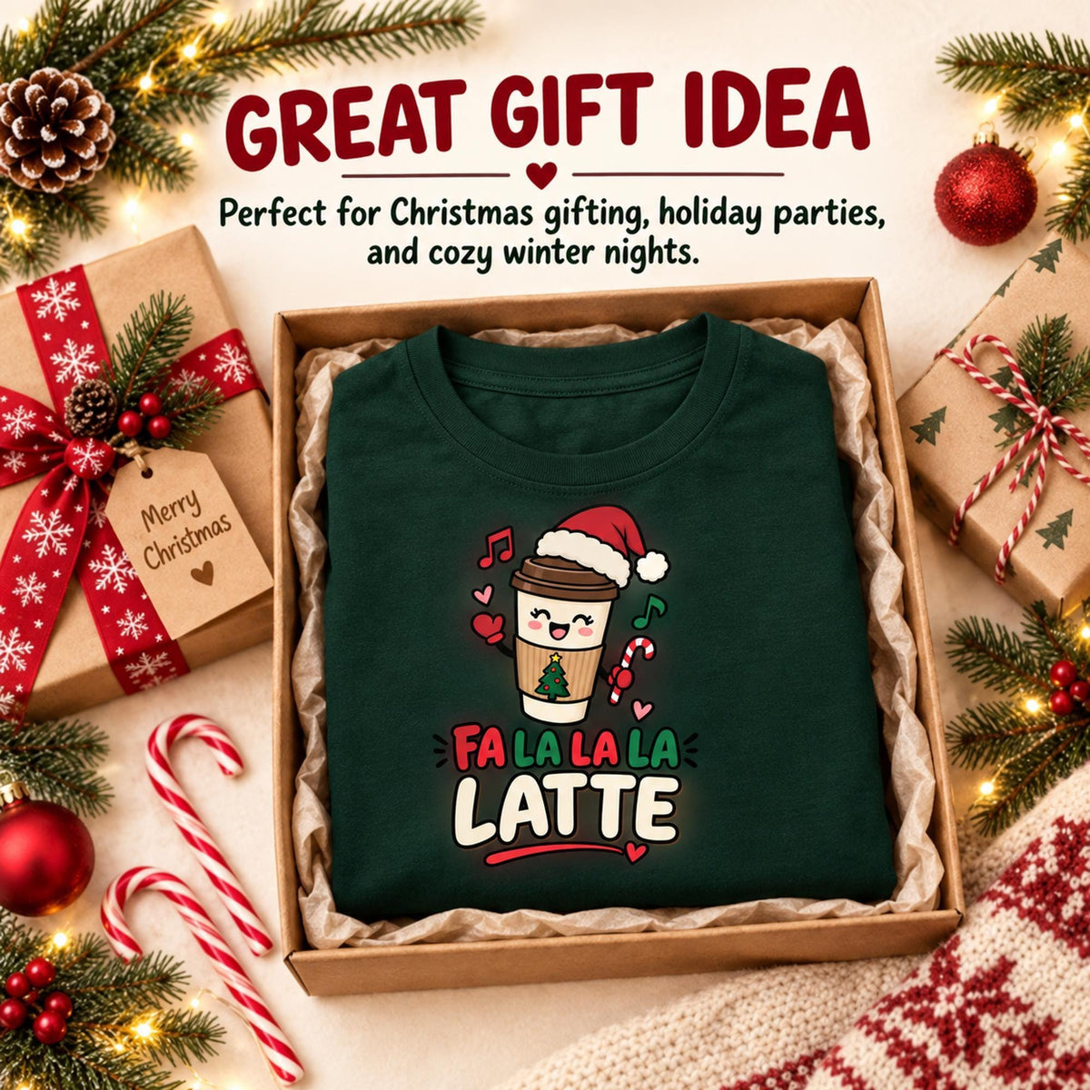 Fa La La Latte Shirt, 100% Cotton Adult Holiday Graphic Tee