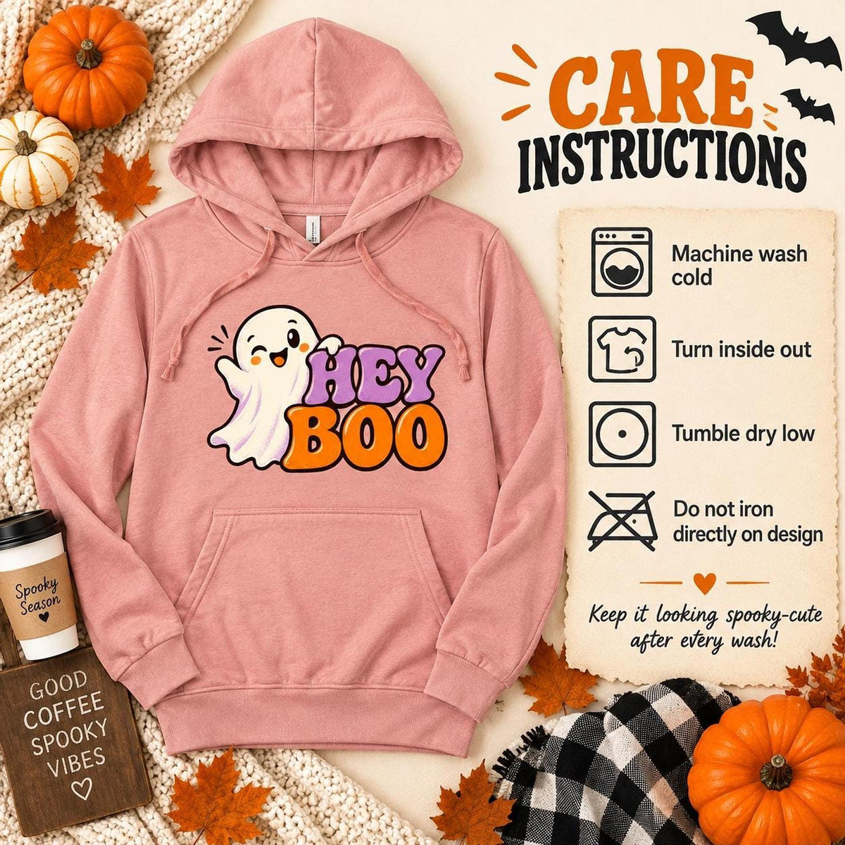 Hey Boo Hoodie, 100% Cotton Lightweight Unisex Ghost Graphic Pullover