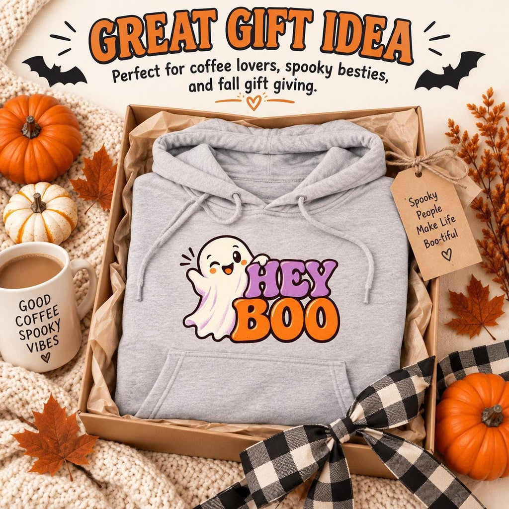 Hey Boo Hoodie, 100% Cotton Lightweight Unisex Ghost Graphic Pullover