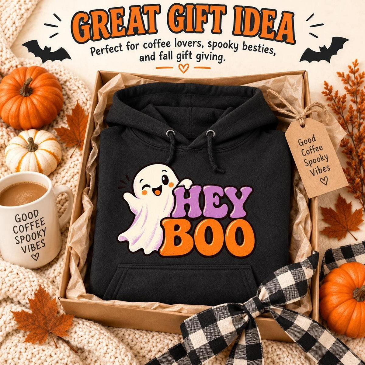 Hey Boo Hoodie, 50/50 Cotton-Polyester Unisex Halloween Sweatshirt, S-4XL