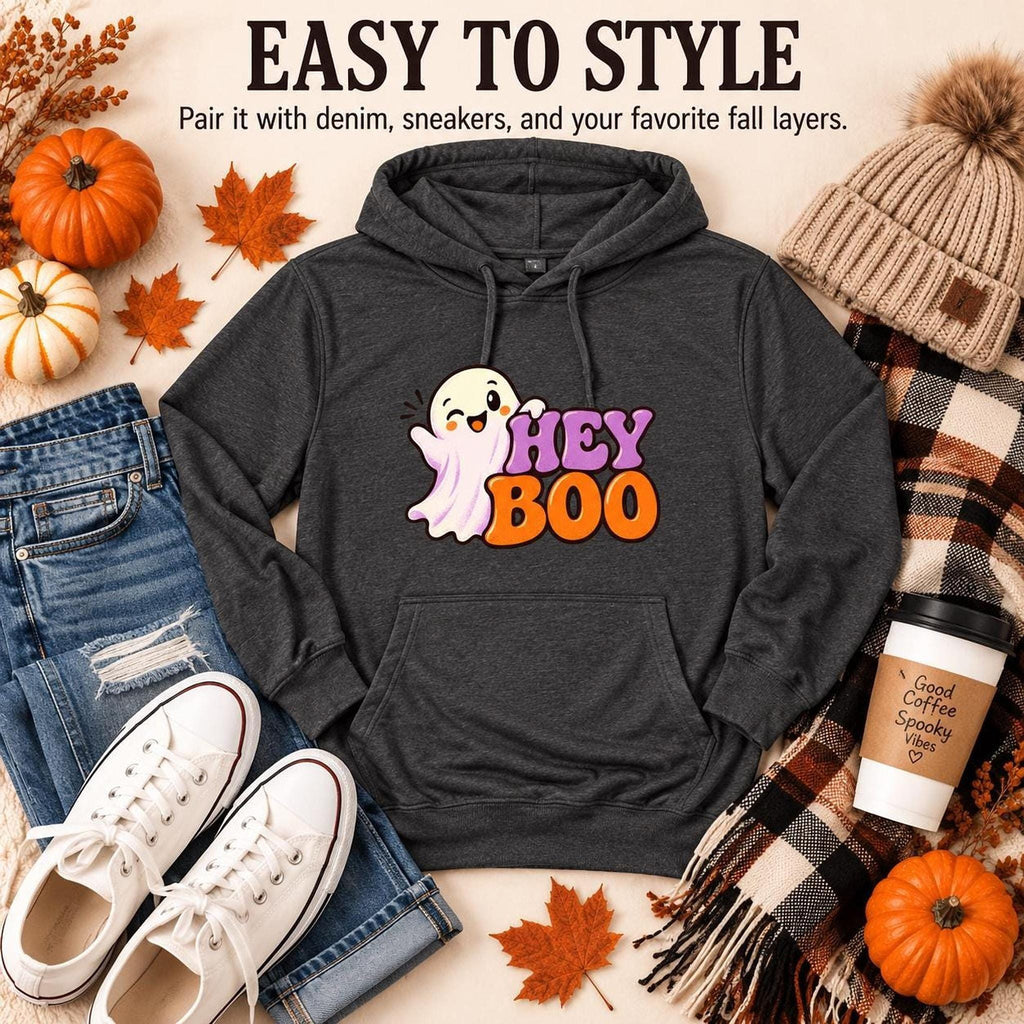 Hey Boo Hoodie, 100% Cotton Lightweight Unisex Ghost Graphic Pullover