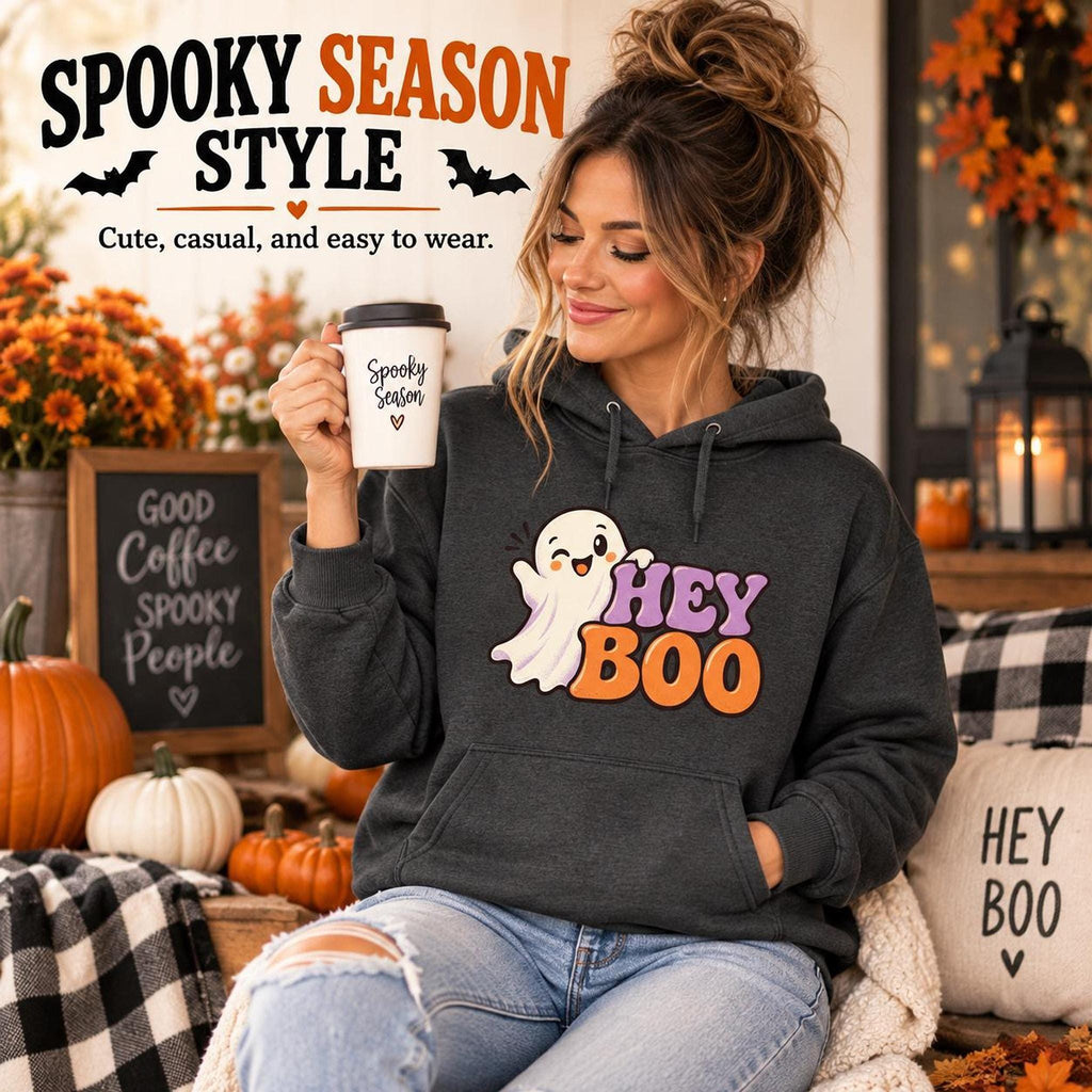 Hey Boo Hoodie, 50/50 Cotton-Polyester Unisex Halloween Sweatshirt, S-4XL