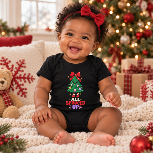 Baby wearing All Spruced Up Christmas onesie