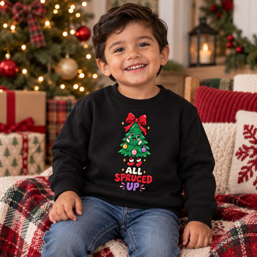 Boy wearing All Spruced Up Christmas sweatshirt