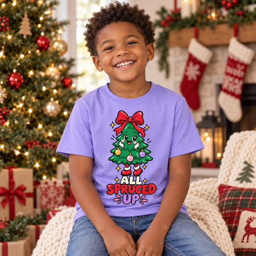 Boy wearing All Spruced Up Christmas youth tee