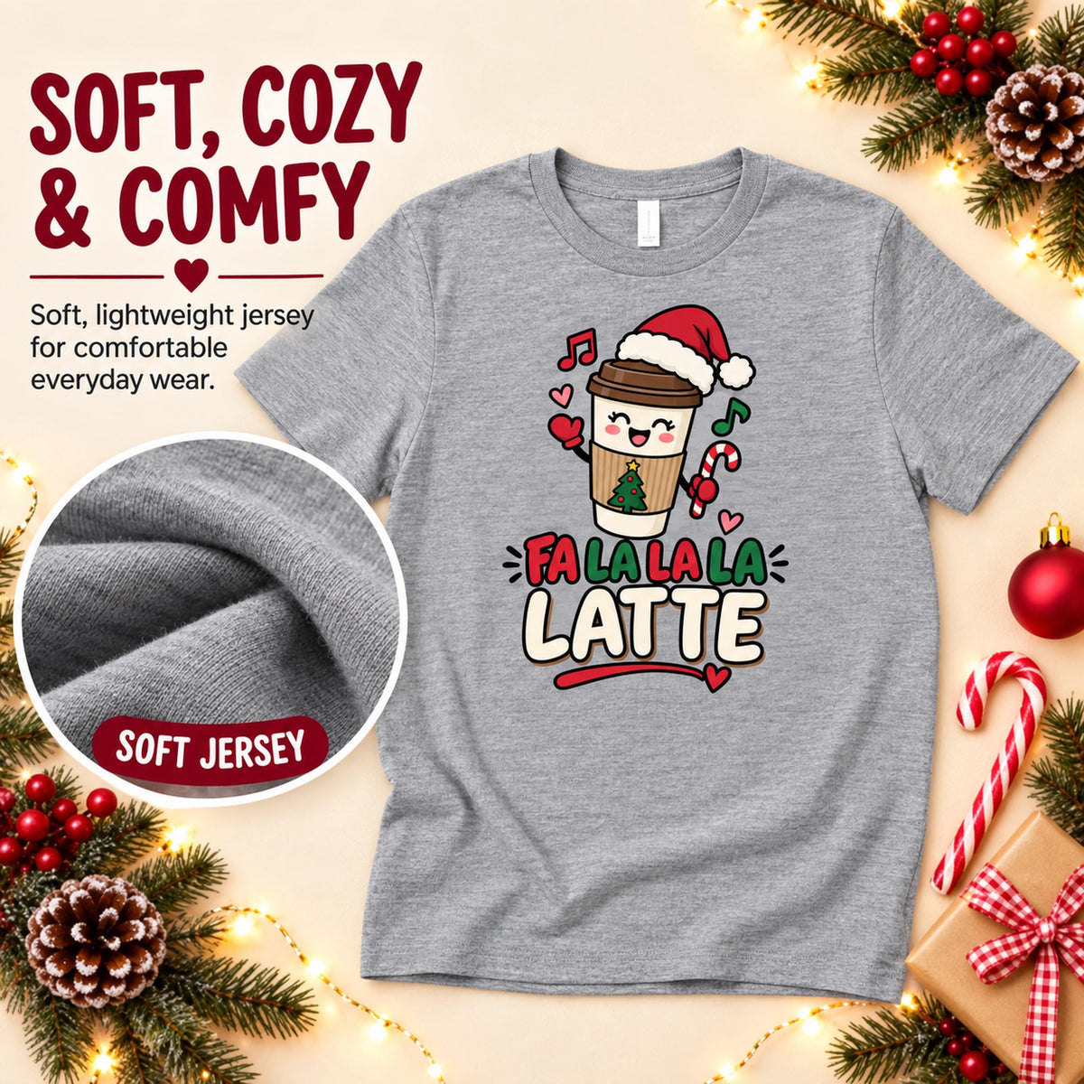Fa La La Latte Shirt, 100% Cotton Adult Holiday Graphic Tee