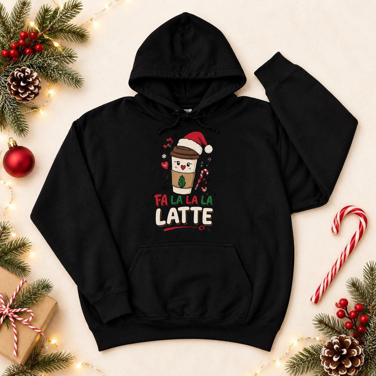 Fa La La Christmas Latte Hoodie, Festive Coffee Cup Art, Unisex Cotton-Poly Blend