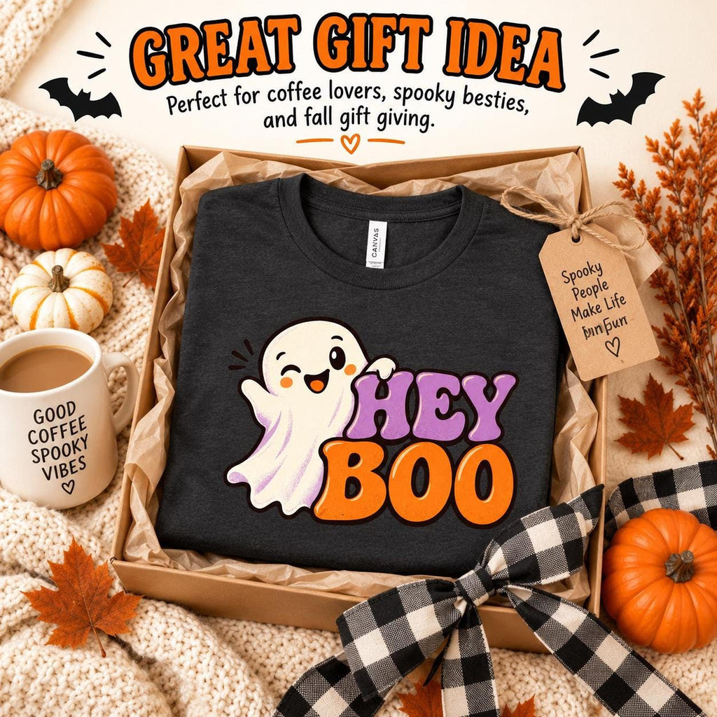 Hey Boo Shirt, 100% Cotton Adult Halloween Tee with Ghost Graphic