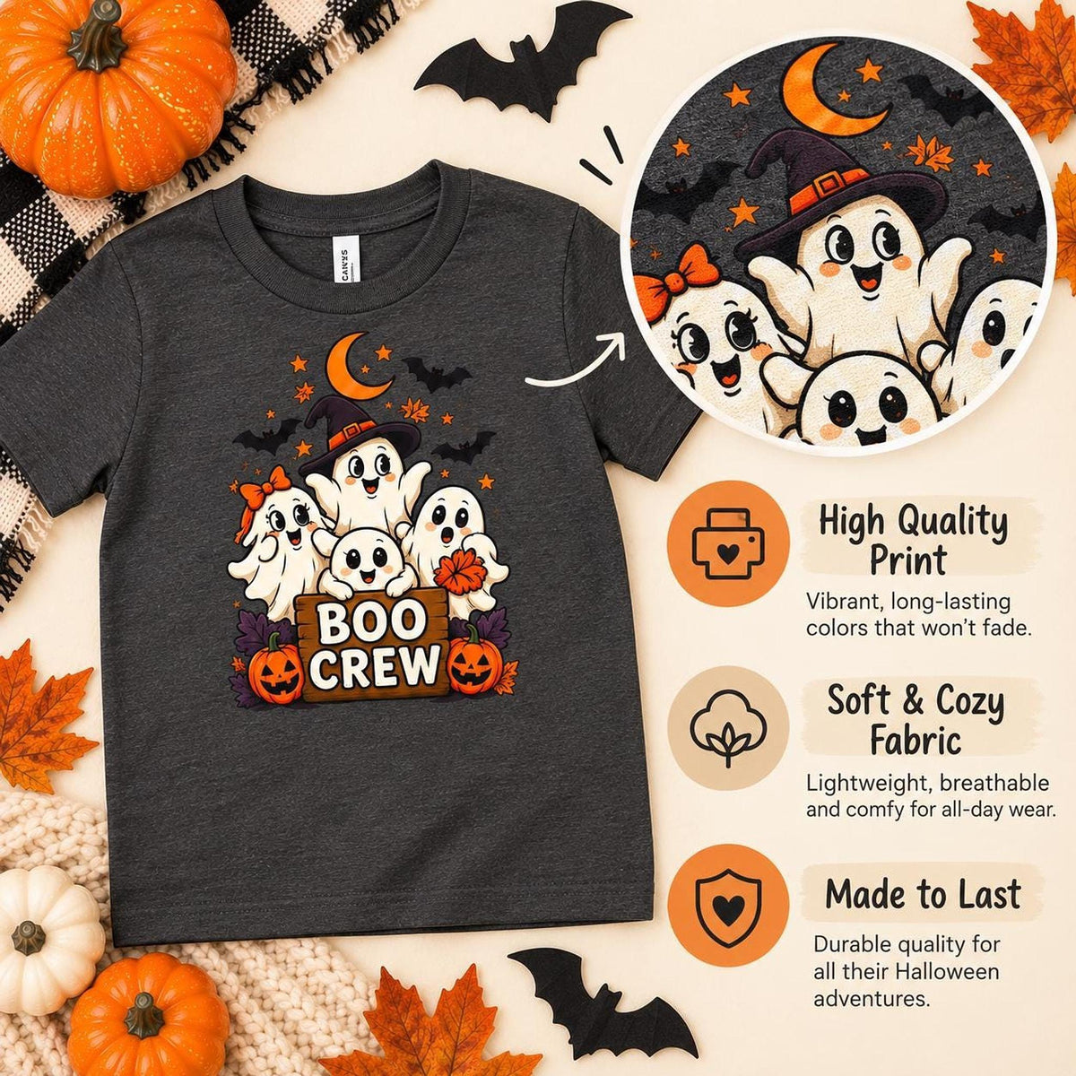 Boo Crew Kids Halloween Shirt, Ghost Pumpkin Graphic, Youth XS–XL