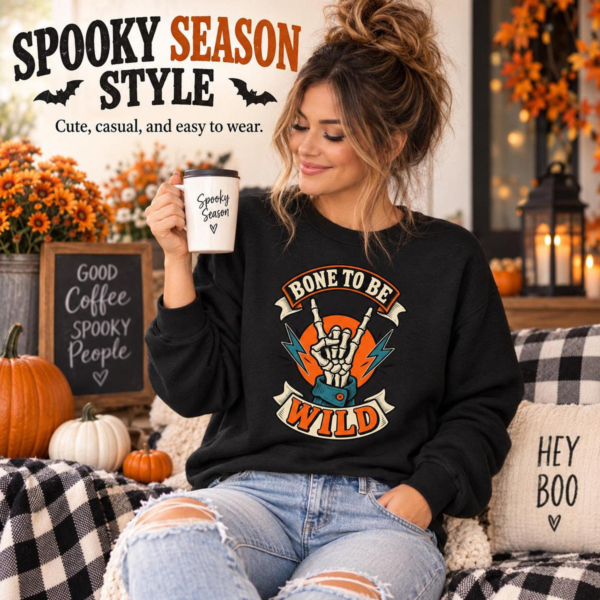 Bone Sweatshirt, Skeleton Crewneck with To Be Wild Graphic