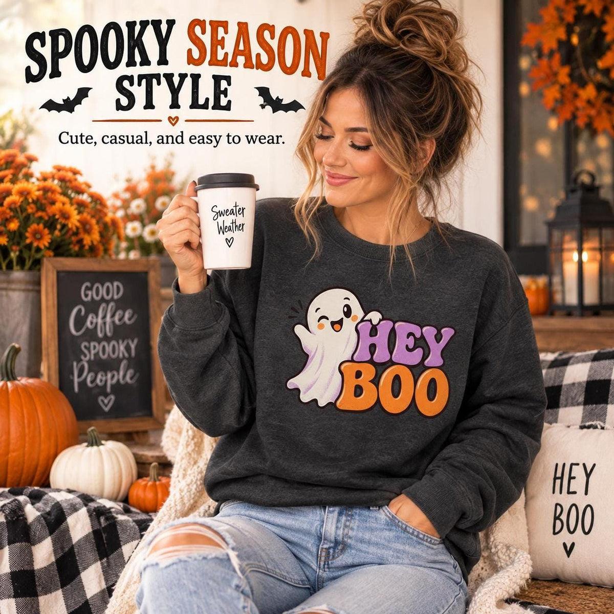 Hey Boo Sweatshirt, Cotton Blend Halloween Crewneck in S-4XL