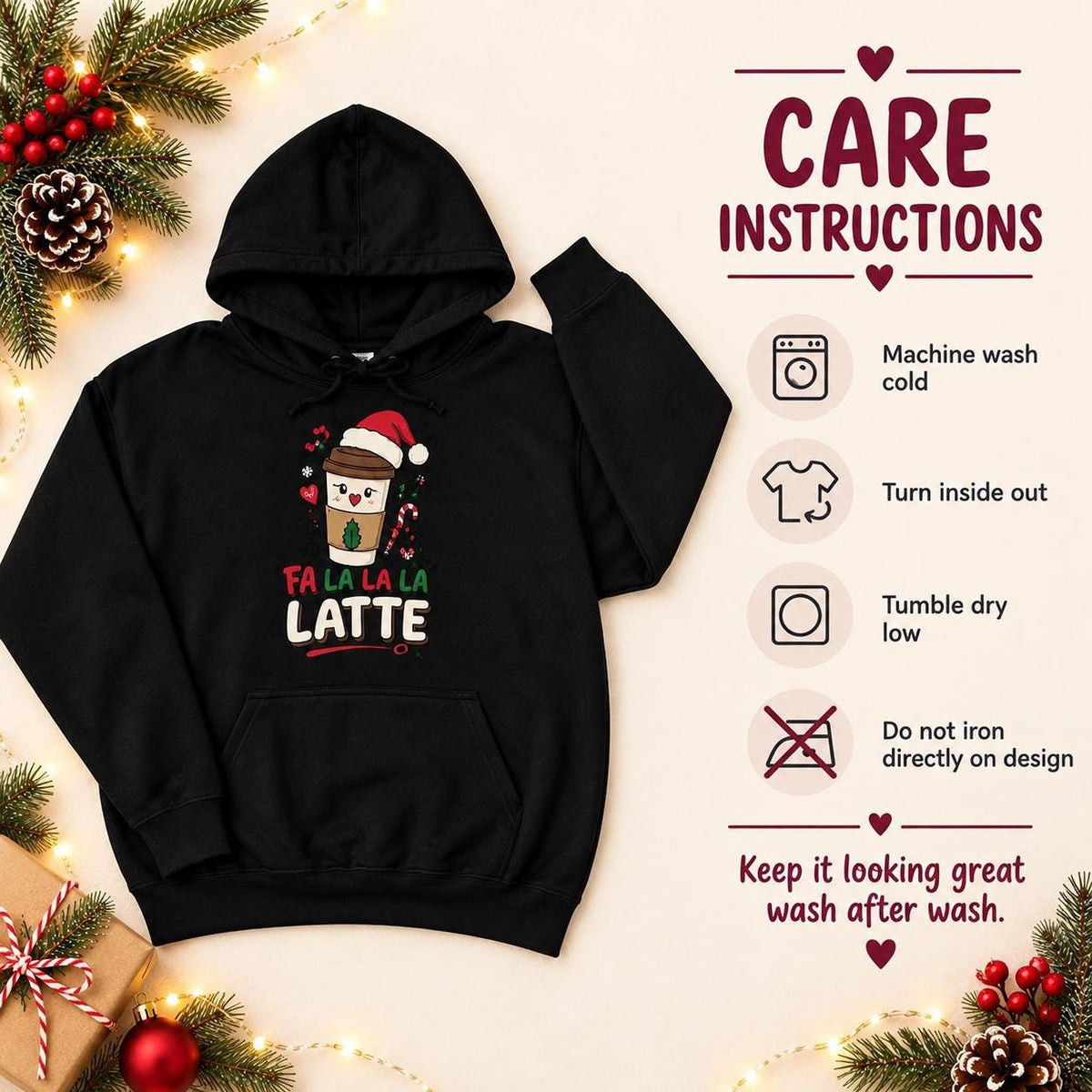 Fa La La Christmas Latte Hoodie, Festive Coffee Cup Art, Unisex Cotton-Poly Blend