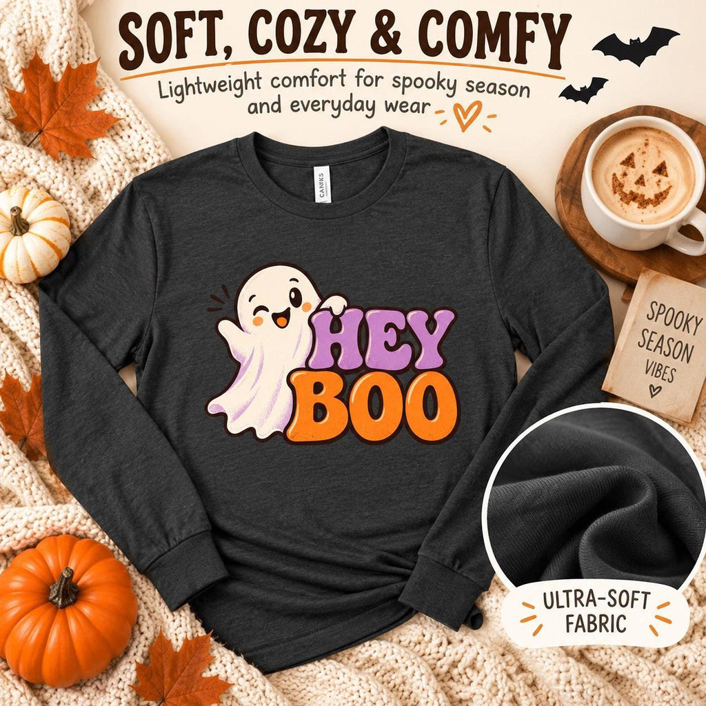Adult Long Sleeve Boo Halloween Shirt, Cotton Tee with Ribbed Cuffs