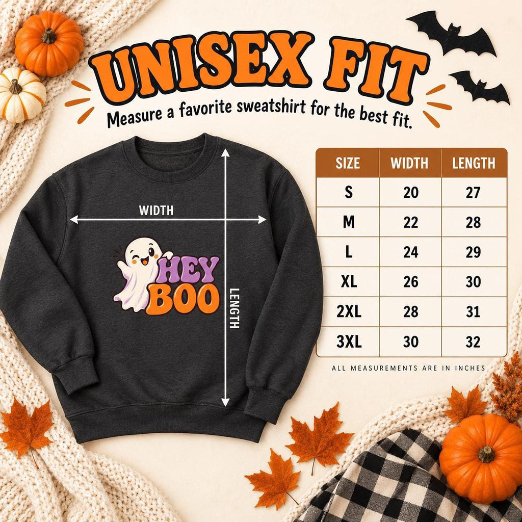 Hey Boo Sweatshirt, Cotton Blend Halloween Crewneck in S-4XL