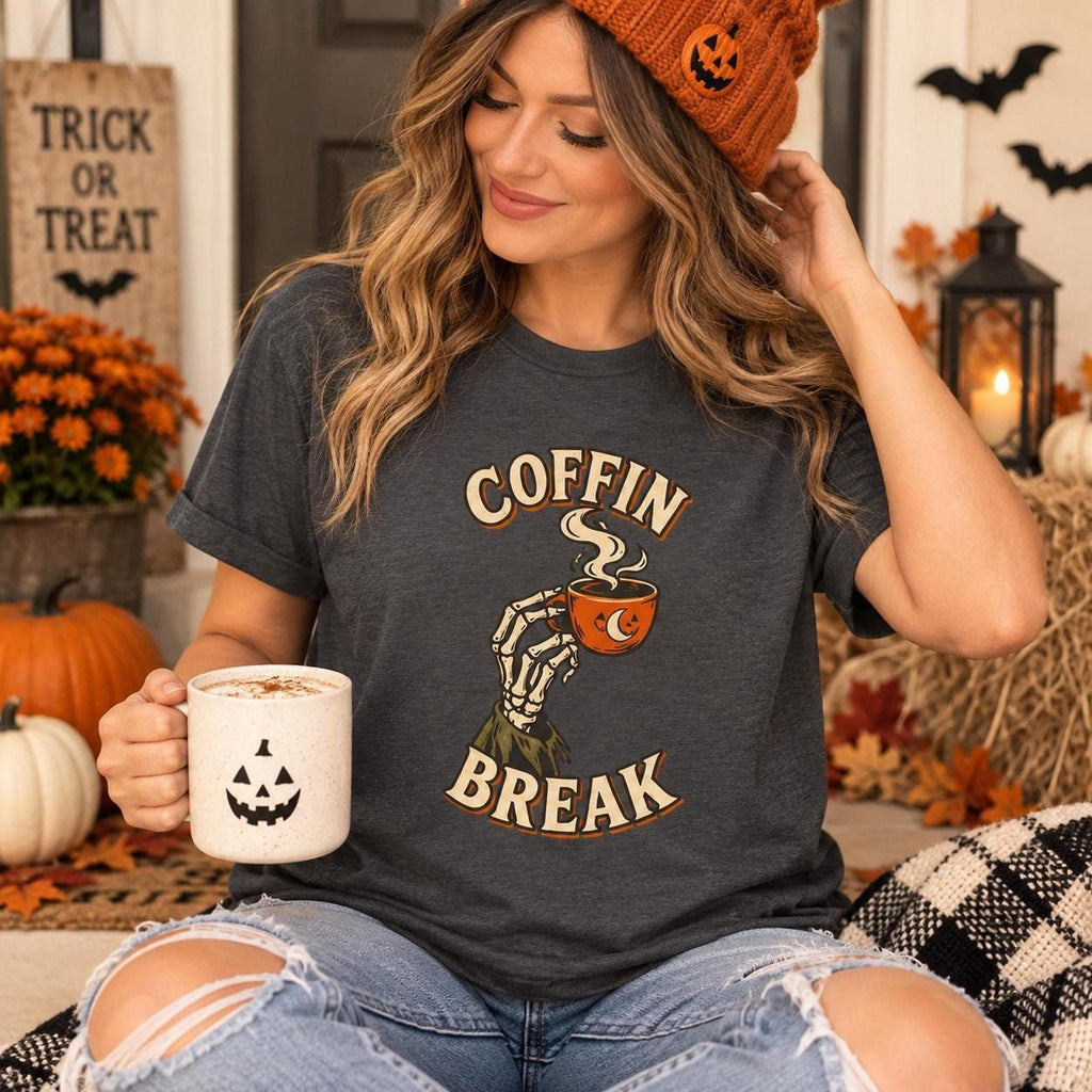 Coffin Break Coffee Shirt, Skeleton Hand Halloween Tee, Gothic Barista Gift