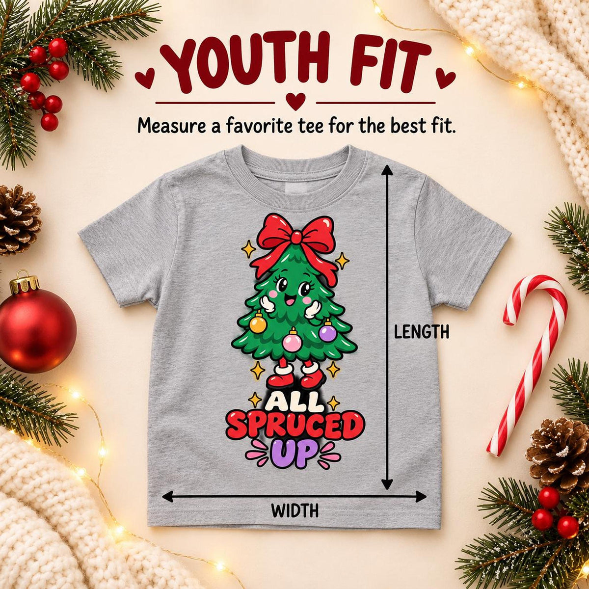 All Spruced Up Kids Christmas Tree Tee, Festive Holiday Graphic Shirt