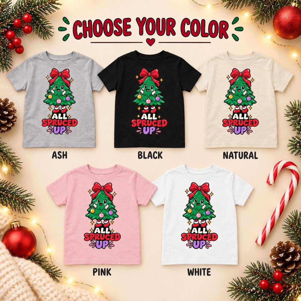 All Spruced Up Kids Christmas Tree Tee, Festive Holiday Graphic Shirt