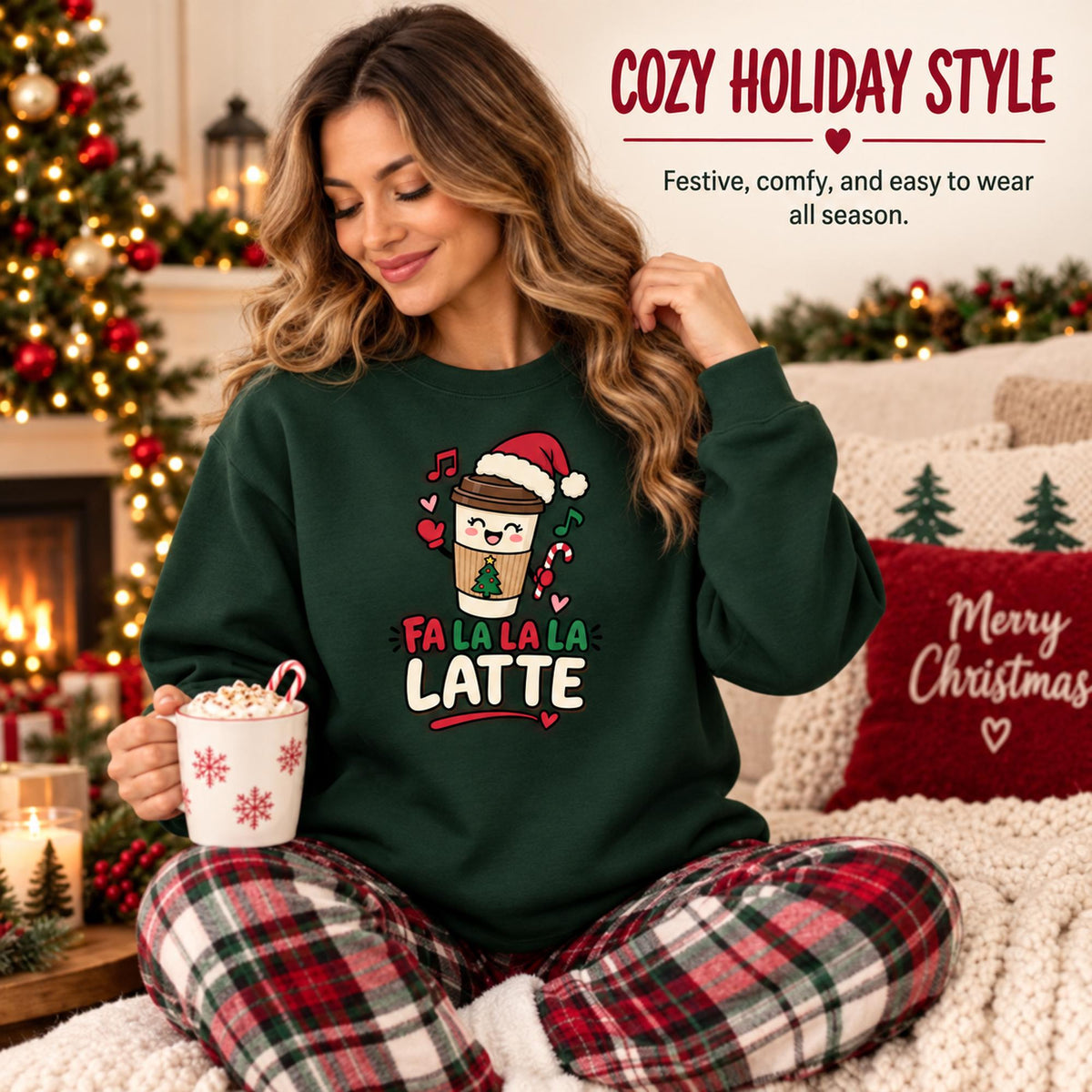 Latte Sweatshirt, Cotton Blend Holiday Crewneck with Christmas Coffee Design