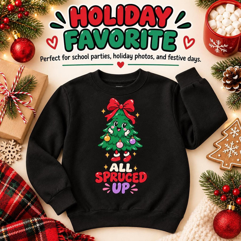 All Spruced Up Kids Christmas Tree Sweatshirt, Festive Holiday Crewneck