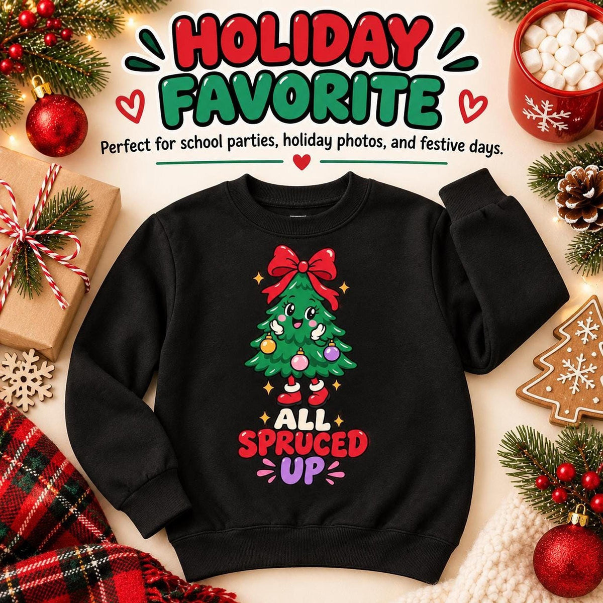 All Spruced Up Kids Christmas Tree Sweatshirt, Festive Holiday Crewneck