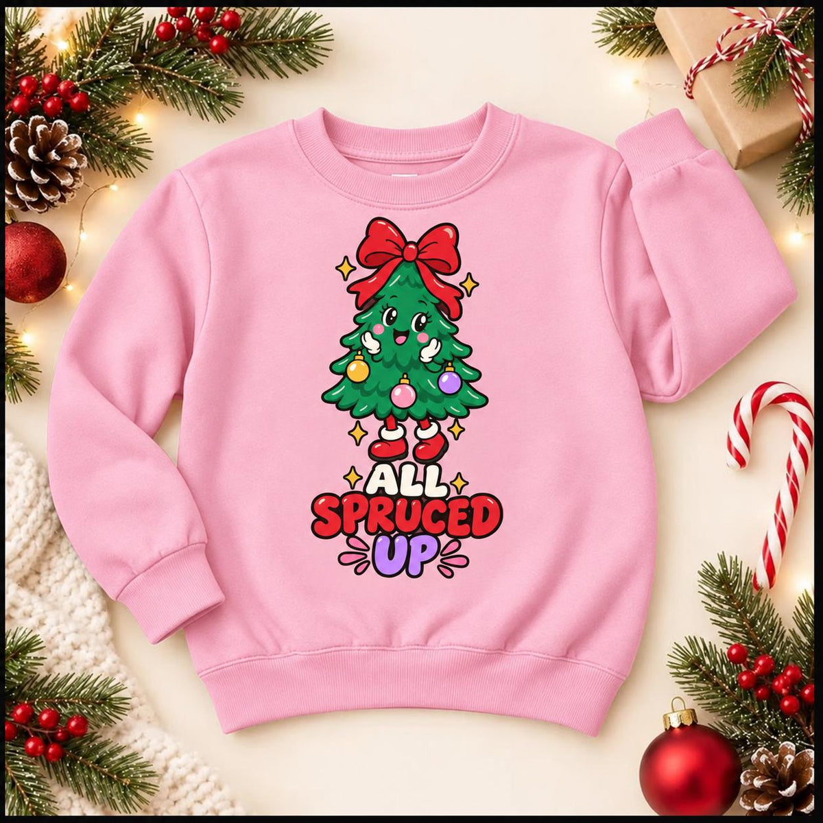 All Spruced Up Kids Christmas Tree Sweatshirt, Festive Holiday Crewneck