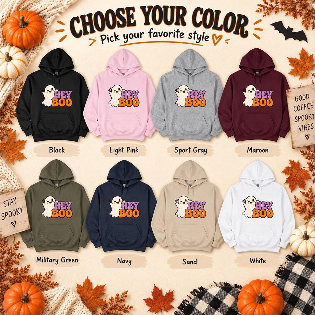 Hey Boo Hoodie, 50/50 Cotton-Polyester Unisex Halloween Sweatshirt, S-4XL