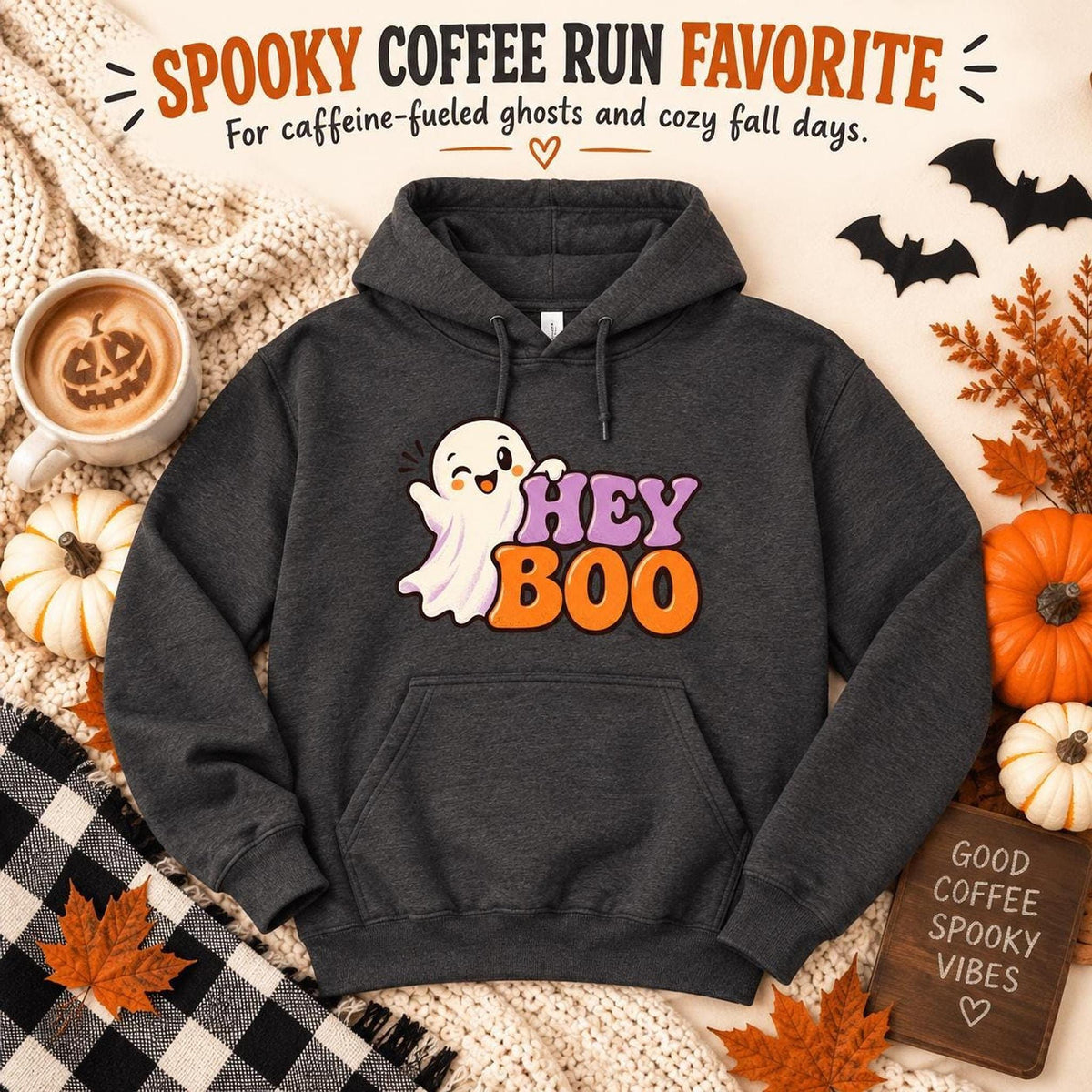 Hey Boo Hoodie, 50/50 Cotton-Polyester Unisex Halloween Sweatshirt, S-4XL