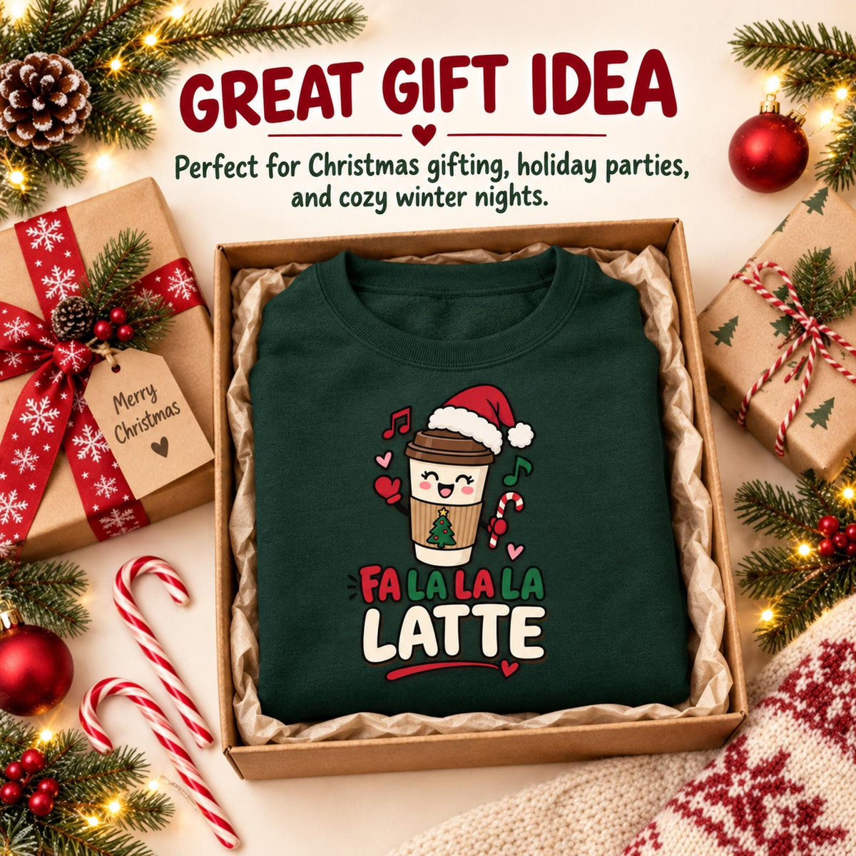 Latte Sweatshirt, Cotton Blend Holiday Crewneck with Christmas Coffee Design