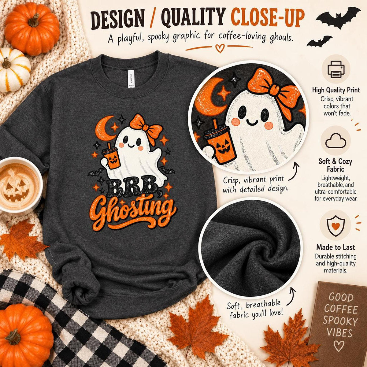 Brb Ghosting Sweatshirt, Cotton Blend Halloween Crewneck in S-4XL