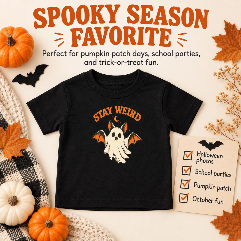 Stay Weird Toddler Halloween Shirt, Ghost and Bat Graphic Tee (2T-5T)