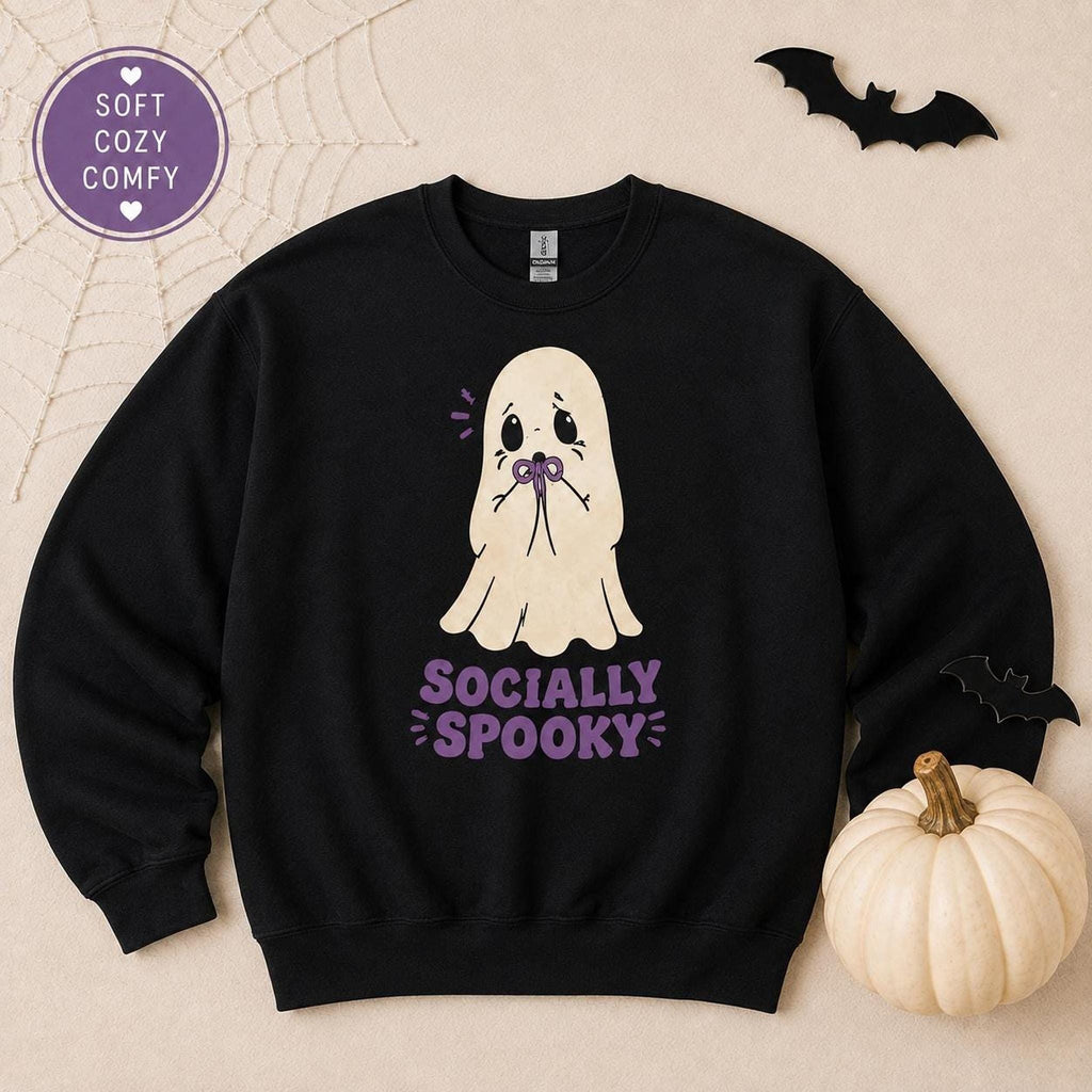Socially Spooky Ghost Sweatshirt, Introvert Halloween Crewneck, Cozy Cotton-Poly Blend