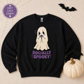 Socially Spooky Ghost Sweatshirt, Introvert Halloween Crewneck, Cozy Cotton-Poly Blend