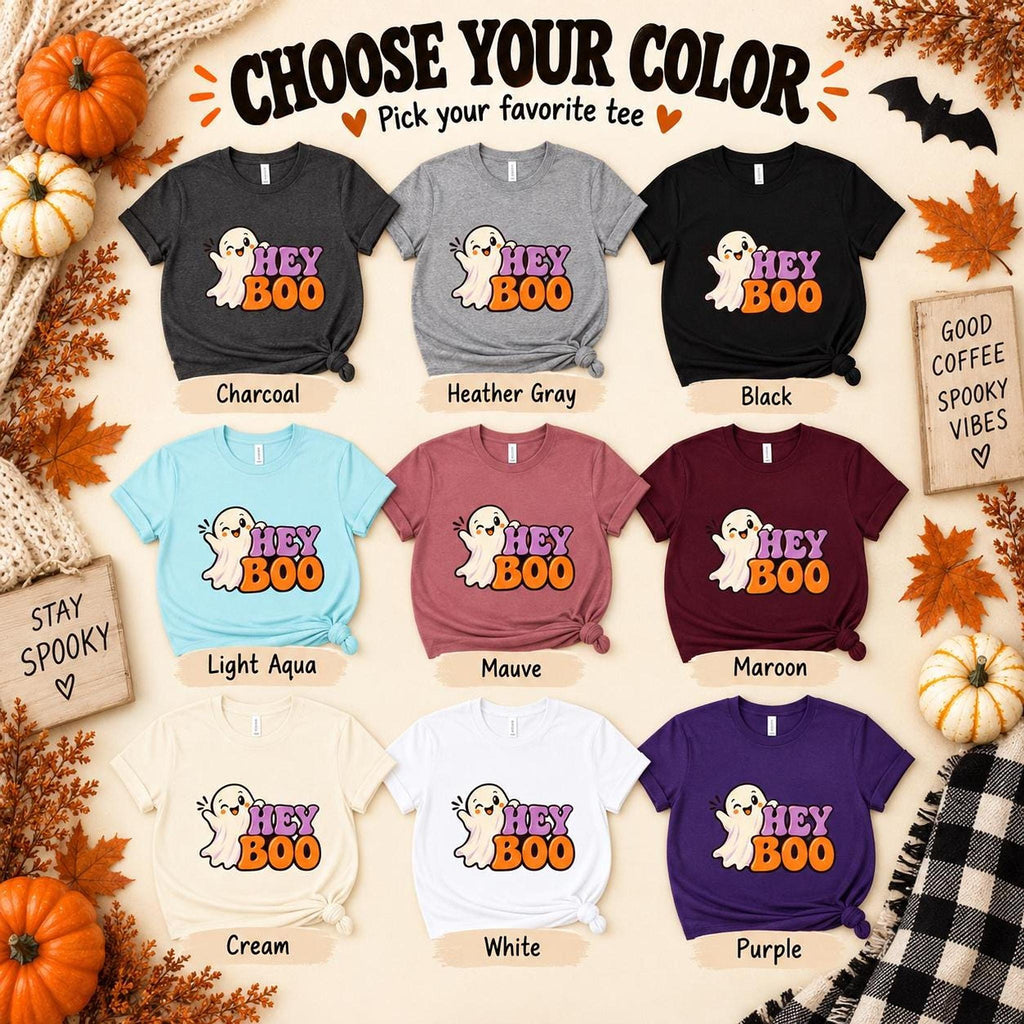 Hey Boo Shirt, 100% Cotton Adult Halloween Tee with Ghost Graphic