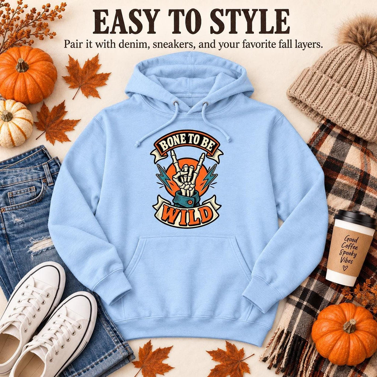 Bone To Be Wild Hoodie, Lightweight Cotton Fleece Pullover S-3XL
