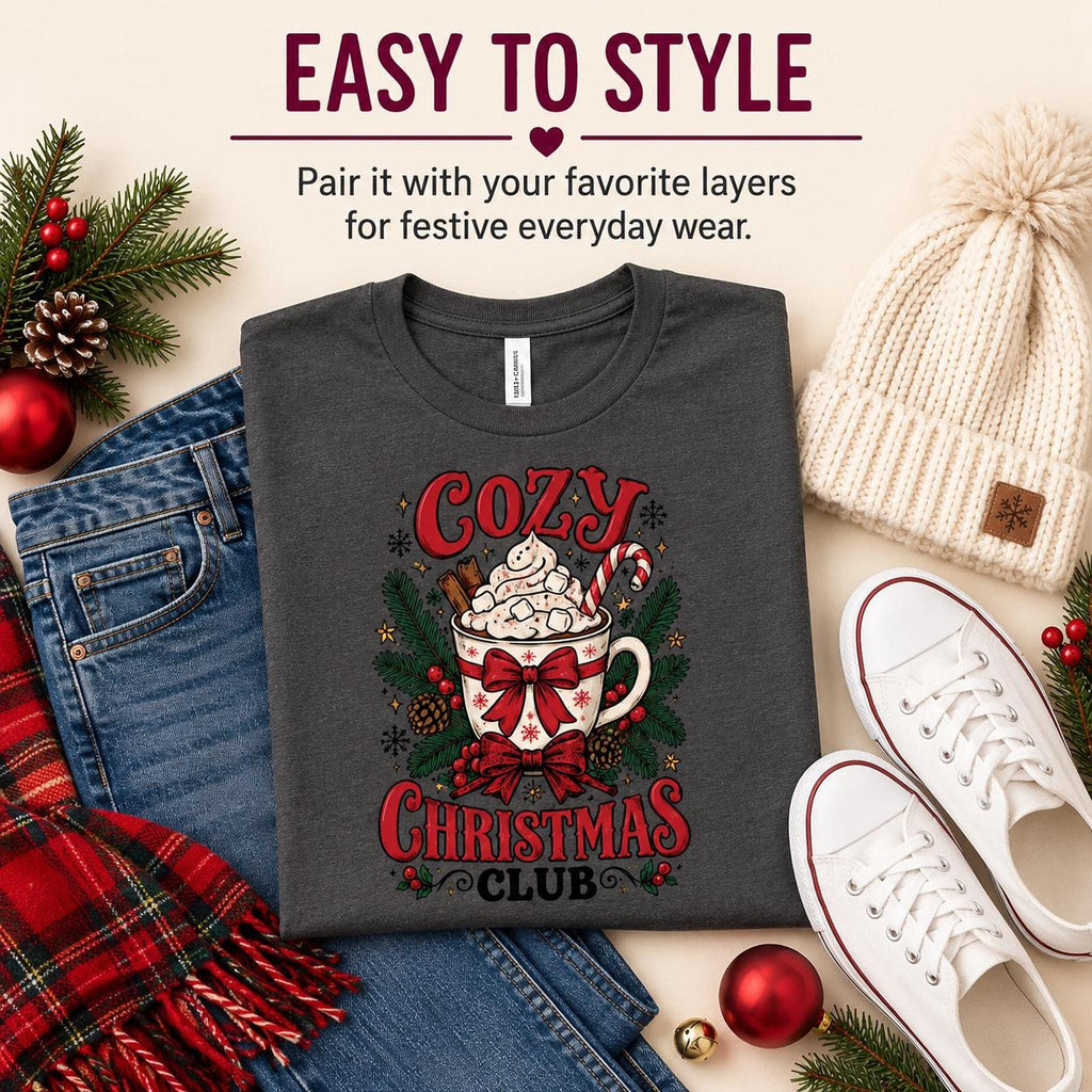 Cozy Christmas Club Mug Tee, Festive Holiday Graphic Shirt, Winter Gift