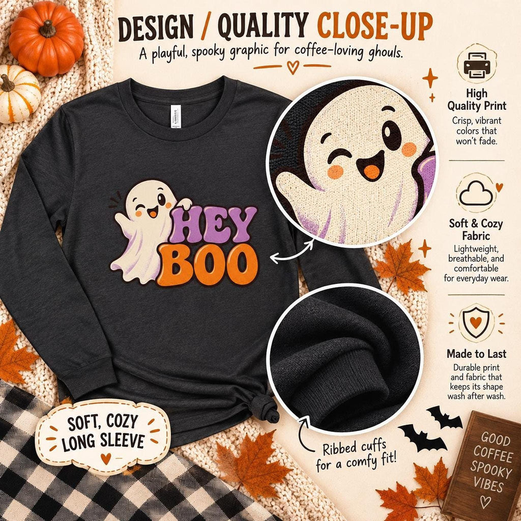 Adult Long Sleeve Boo Halloween Shirt, Cotton Tee with Ribbed Cuffs