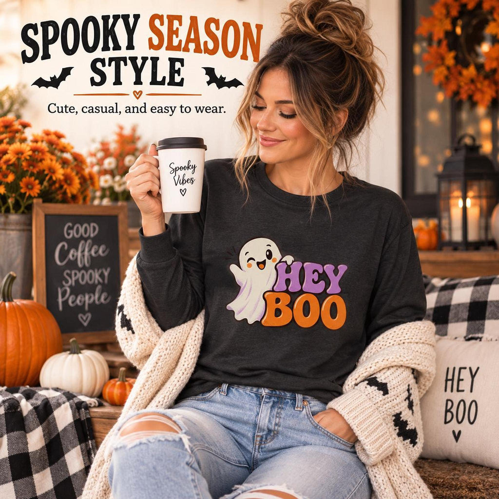 Adult Long Sleeve Boo Halloween Shirt, Cotton Tee with Ribbed Cuffs