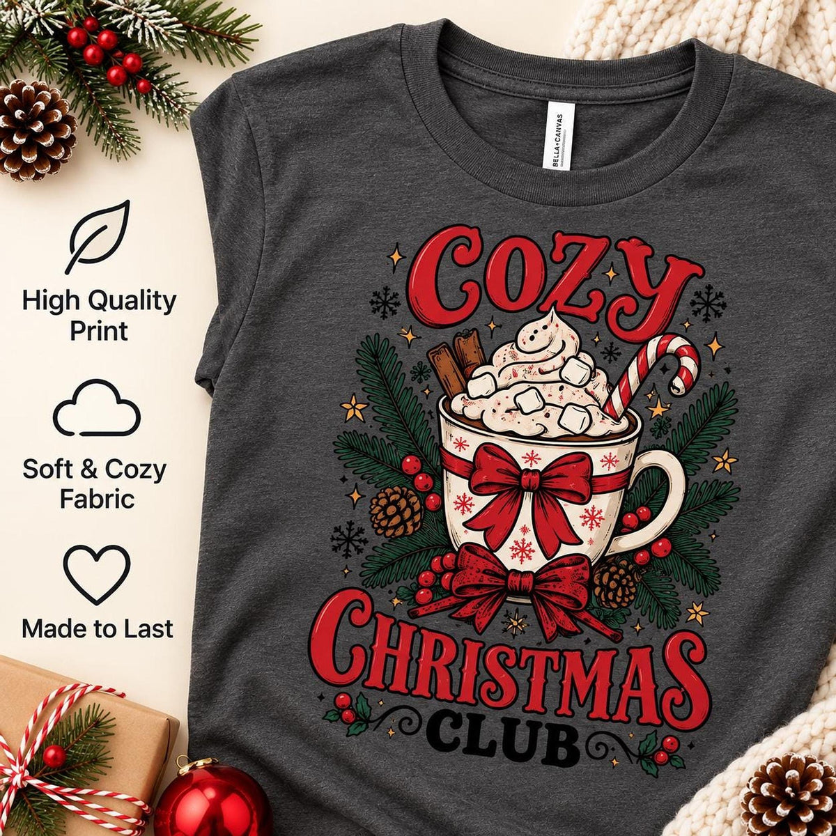 Cozy Christmas Club Mug Tee, Festive Holiday Graphic Shirt, Winter Gift
